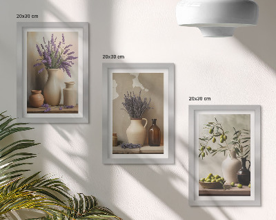 Billedvæg Blomster i vaser, oliven og naturlige dekorationer