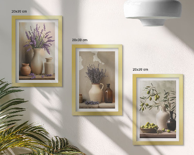 Billedvæg Blomster i vaser, oliven og naturlige dekorationer