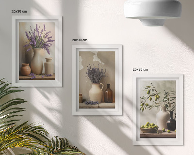 Billedvæg Blomster i vaser, oliven og naturlige dekorationer