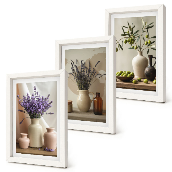 Pakke med billeder og rammer Lavendelblomster, oliven og keramiske kar