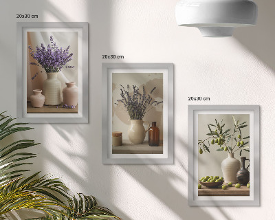 Pakke med billeder og rammer Lavendelblomster, oliven og keramiske kar