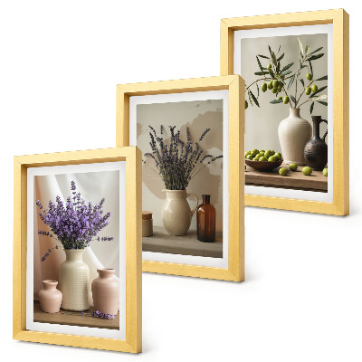 Pakke med billeder og rammer Lavendelblomster, oliven og keramiske kar