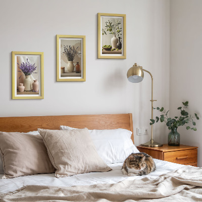 Pakke med billeder og rammer Lavendelblomster, oliven og keramiske kar