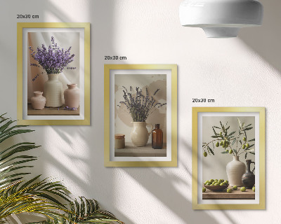 Pakke med billeder og rammer Lavendelblomster, oliven og keramiske kar