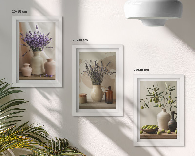 Pakke med billeder og rammer Lavendelblomster, oliven og keramiske kar