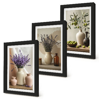 Pakke med billeder og rammer Lavendelblomster, oliven og keramiske kar