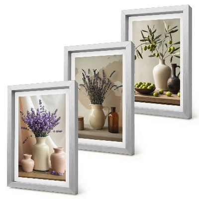 Pakke med billeder og rammer Lavendelblomster, oliven og keramiske kar