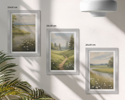 Moderne billedsæt Forårslandskab med en flodsti og en blomstereng