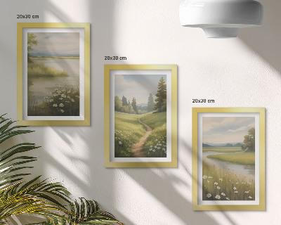 Moderne billedsæt Forårslandskab med en flodsti og en blomstereng