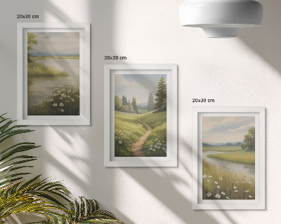 Moderne billedsæt Forårslandskab med en flodsti og en blomstereng