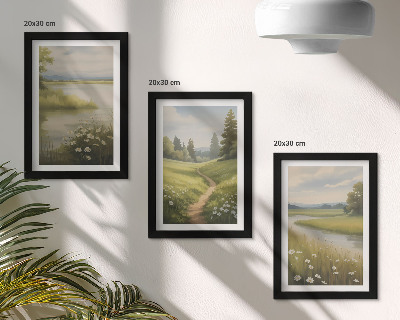 Moderne billedsæt Forårslandskab med en flodsti og en blomstereng