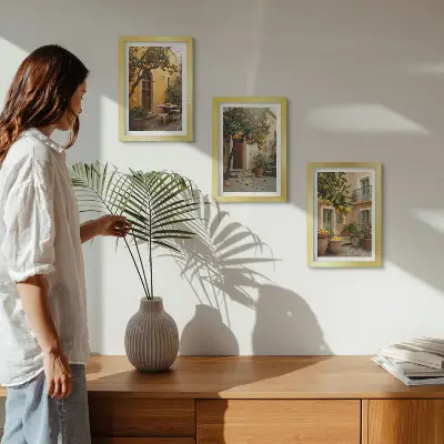 Moderne billedsæt med motiv af en have med citrustræer i solrige omgivelser