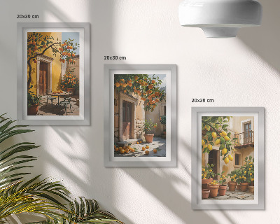 Moderne billedsæt Citrusfrugter i en solrig gårdhave med planter