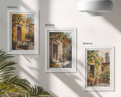 Moderne billedsæt Citrusfrugter i en solrig gårdhave med planter