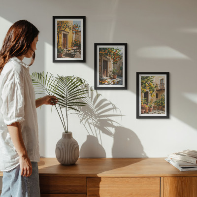 Moderne billedsæt Citrusfrugter i en solrig gårdhave med planter