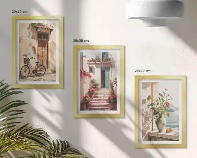Billedvæg med motiv af malede gader med blomster og cykel