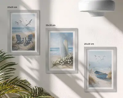 Moderne billedsæt med motiv af strand med surfbrætter, både og fugle