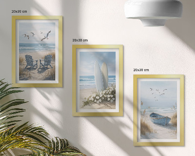 Moderne billedsæt Strand med surfbrætter, både og fugle