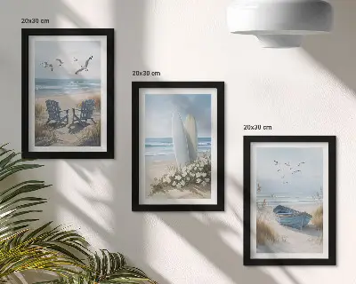 Moderne billedsæt med motiv af strand med surfbrætter, både og fugle