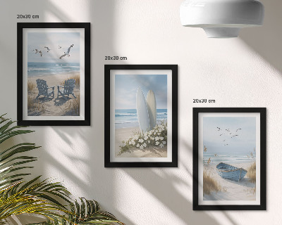 Moderne billedsæt Strand med surfbrætter, både og fugle