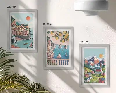 Billedvæg med farverige bjerglandskaber og kystbyer