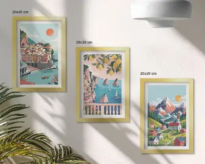 Billedvæg med farverige bjerglandskaber og kystbyer