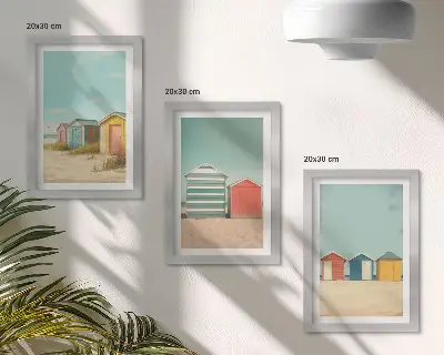 Billeder og rammer med motiv af farverige strandhuse i sommersolen
