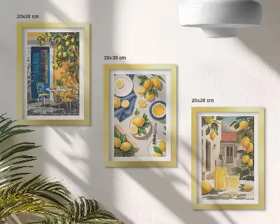 Billedvæg med motiv af citronhave med citroner og drikkevarer på bordet