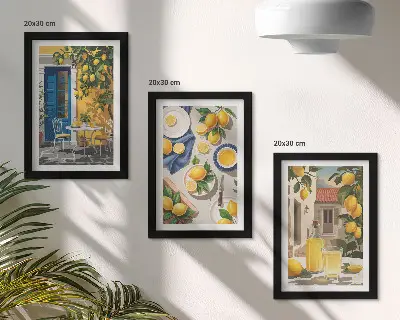 Billedvæg med motiv af citronhave med citroner og drikkevarer på bordet