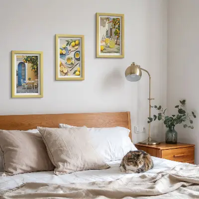 Moderne billedsæt med motiver af citroner, limonade, blå døre og sommerudsigt