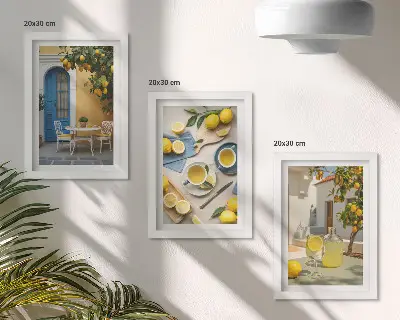 Moderne billedsæt med motiver af citroner, limonade, blå døre og sommerudsigt