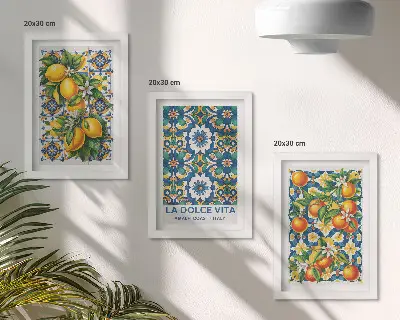 Plakatsæt med rammer citrus- og farverige abstrakte mønstre