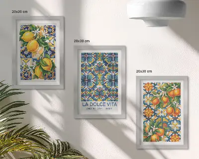 Moderne billedsæt med citron- og appelsinblomster i farverige mønstre