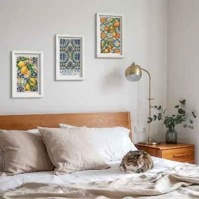 Moderne billedsæt med citron- og appelsinblomster i farverige mønstre