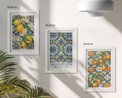 Moderne billedsæt med citron- og appelsinblomster i farverige mønstre
