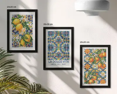Moderne billedsæt med citron- og appelsinblomster i farverige mønstre