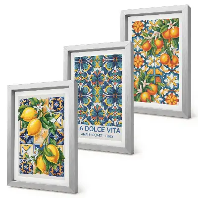 Moderne billedsæt med citron- og appelsinblomster i farverige mønstre