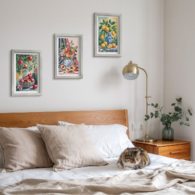 Pakke med billeder og rammer Malede blomster og frugter i vaser