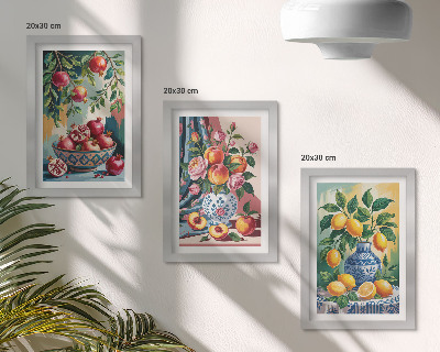 Pakke med billeder og rammer Malede blomster og frugter i vaser