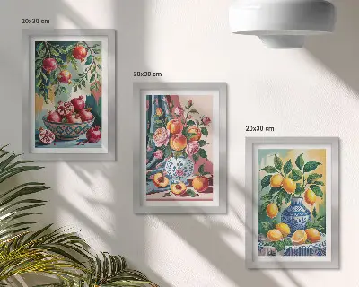 Pakke med billeder og rammer med malede blomster og frugter i vaser