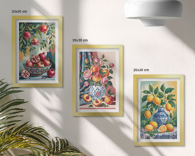 Pakke med billeder og rammer Malede blomster og frugter i vaser