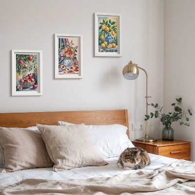 Pakke med billeder og rammer Malede blomster og frugter i vaser