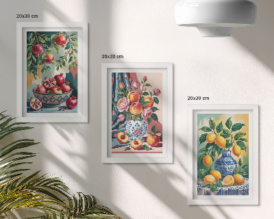 Pakke med billeder og rammer Malede blomster og frugter i vaser