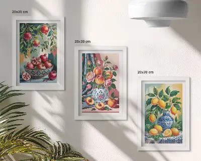 Pakke med billeder og rammer med malede blomster og frugter i vaser