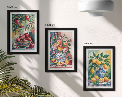Pakke med billeder og rammer Malede blomster og frugter i vaser