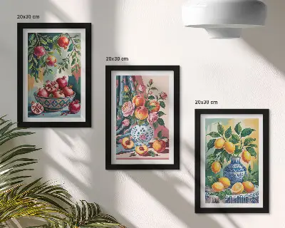 Pakke med billeder og rammer med malede blomster og frugter i vaser