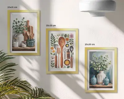 Billedvæg med køkkentilbehør og planter i moderne stil