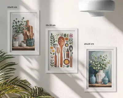 Billedvæg med køkkentilbehør og planter i moderne stil