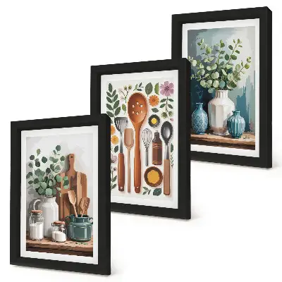 Billedvæg med køkkentilbehør og planter i moderne stil