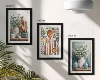 Billedvæg med køkkentilbehør og planter i moderne stil